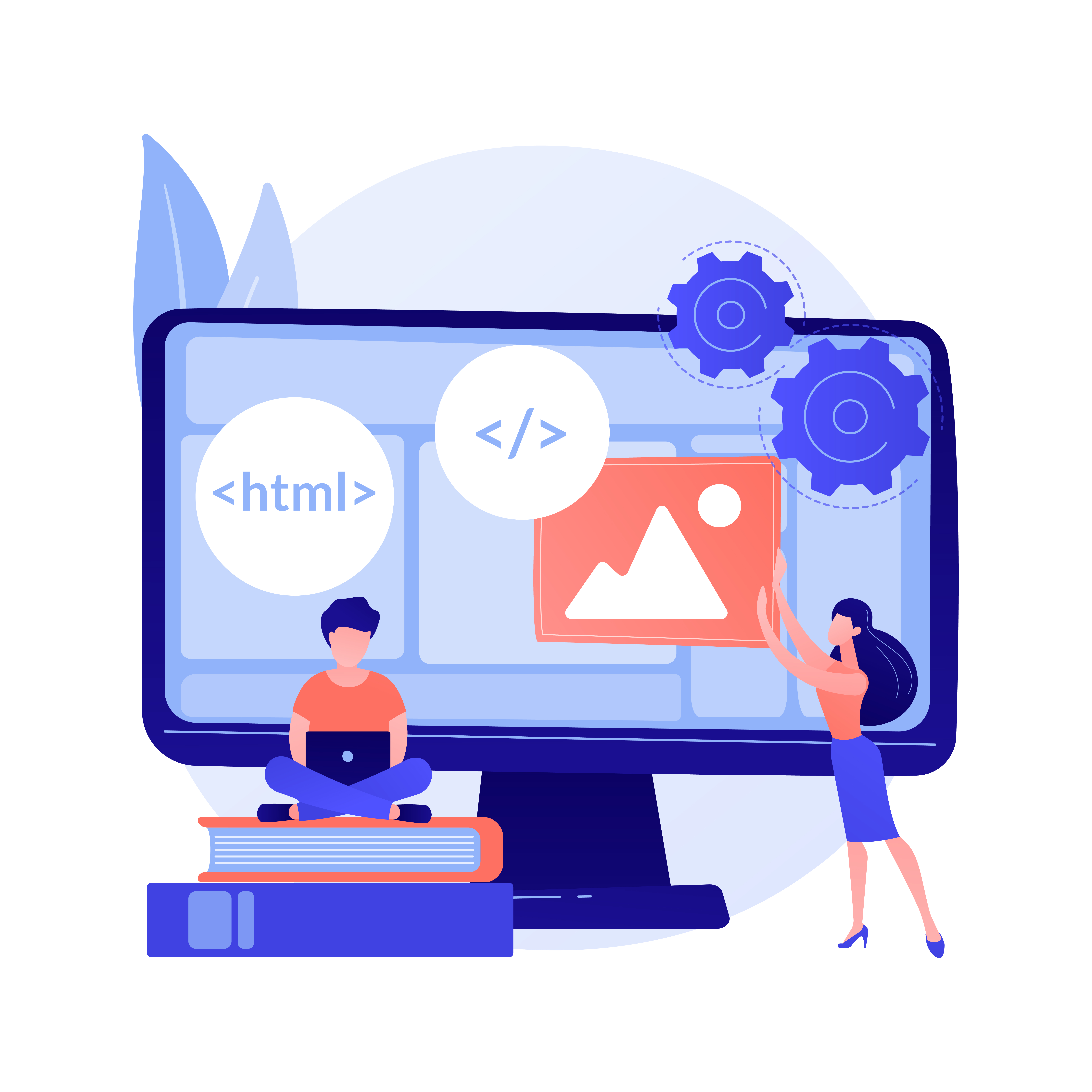 Web developers courses. Computer programming, web design, script and coding study. Computer science student learning interface structure components. Vector isolated concept metaphor illustration